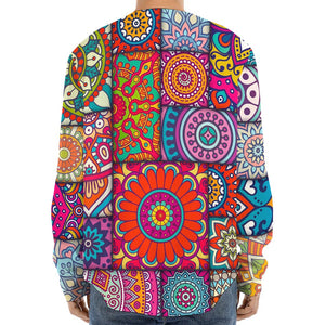 Square Bohemian Mandala Patchwork Print Long Sleeve Baseball Jersey