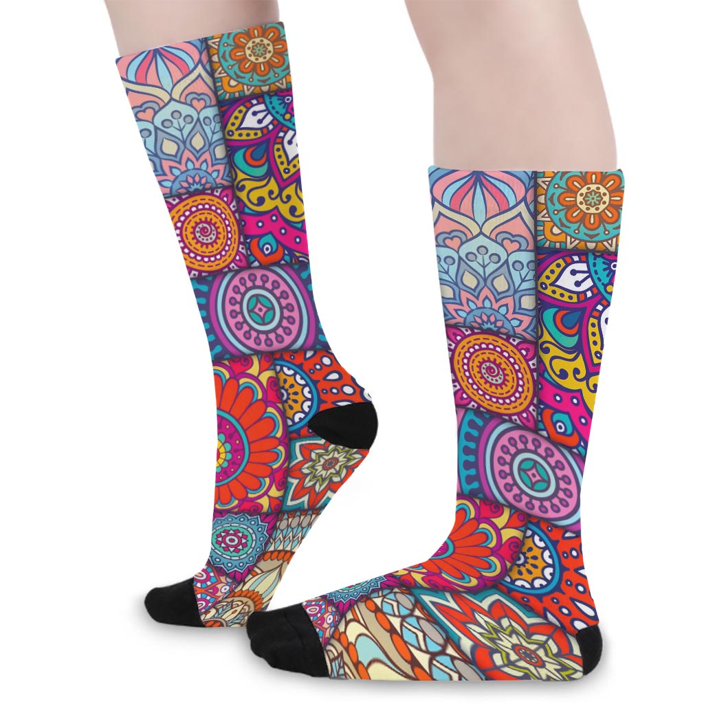 Square Bohemian Mandala Patchwork Print Long Socks