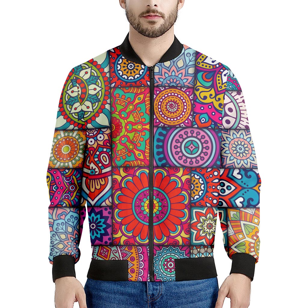 Square Bohemian Mandala Patchwork Print Men's Bomber Jacket