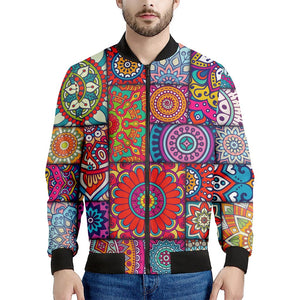 Square Bohemian Mandala Patchwork Print Men's Bomber Jacket