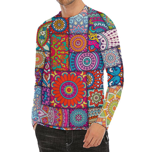 Square Bohemian Mandala Patchwork Print Men's Long Sleeve Rash Guard