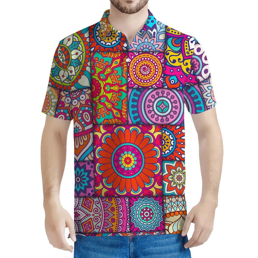 Square Bohemian Mandala Patchwork Print Men's Polo Shirt