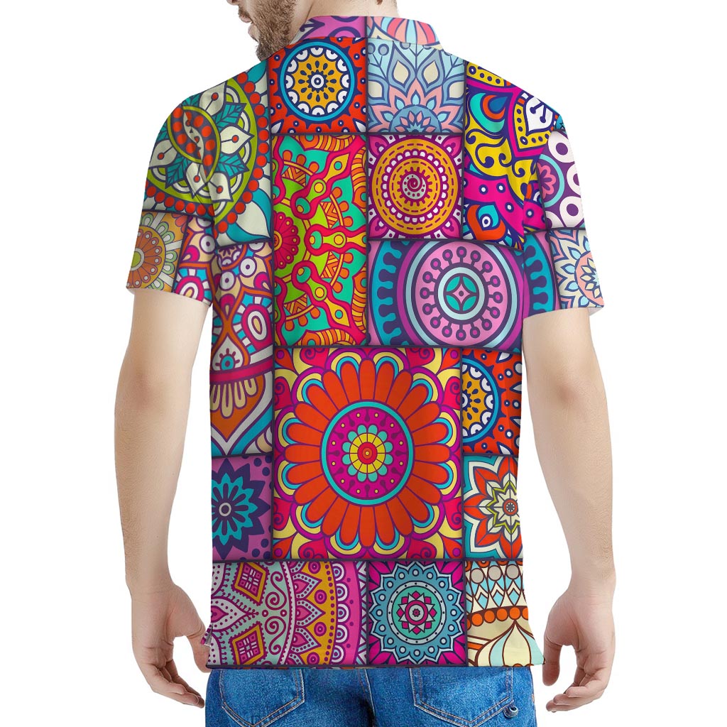 Square Bohemian Mandala Patchwork Print Men's Polo Shirt