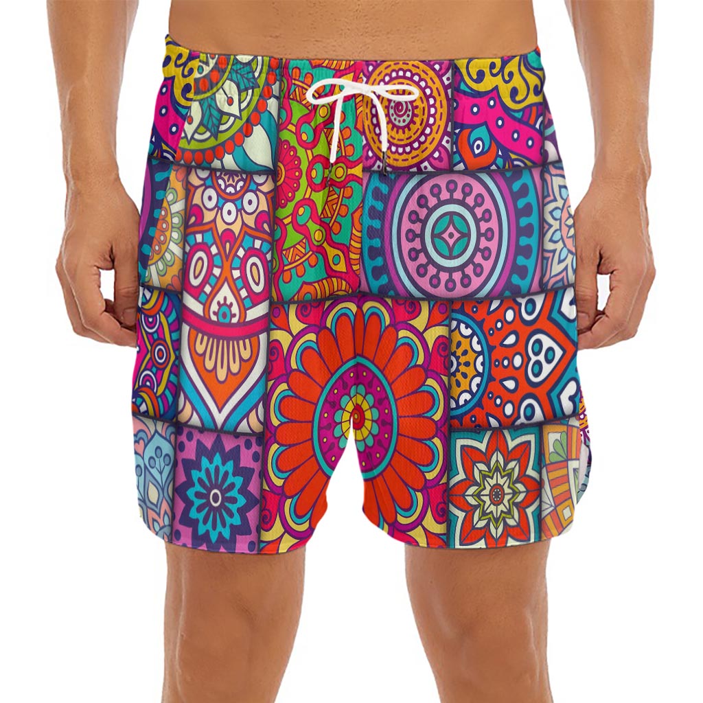 Square Bohemian Mandala Patchwork Print Men's Split Running Shorts