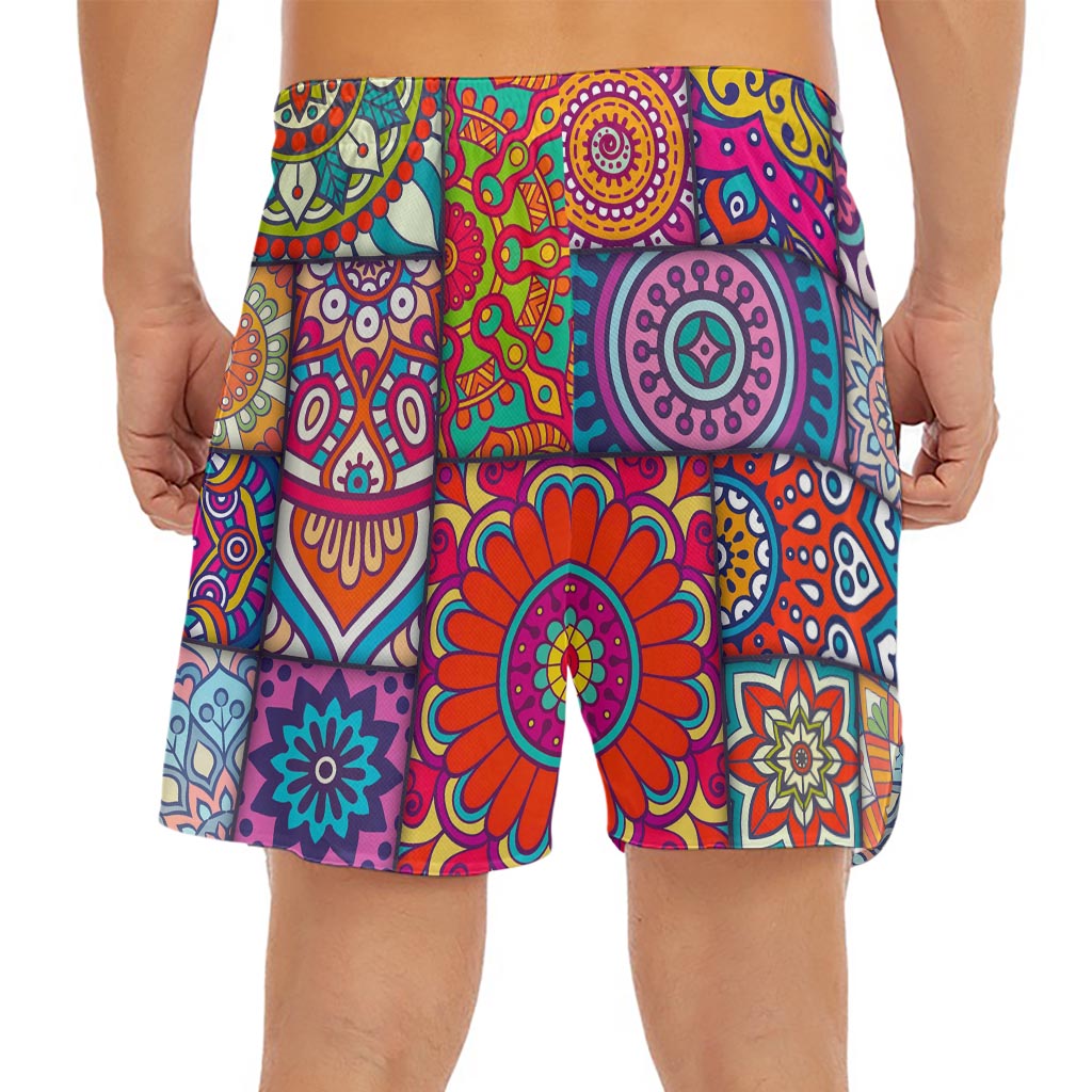 Square Bohemian Mandala Patchwork Print Men's Split Running Shorts