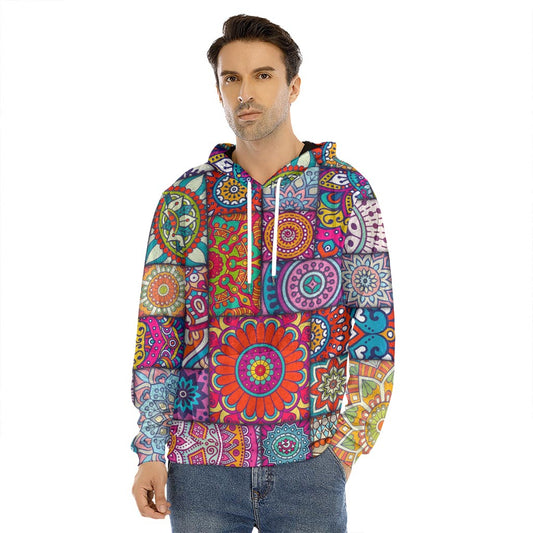 Square Bohemian Mandala Patchwork Print Men's Velvet Pullover Hoodie