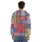 Square Bohemian Mandala Patchwork Print Men's Velvet Pullover Hoodie