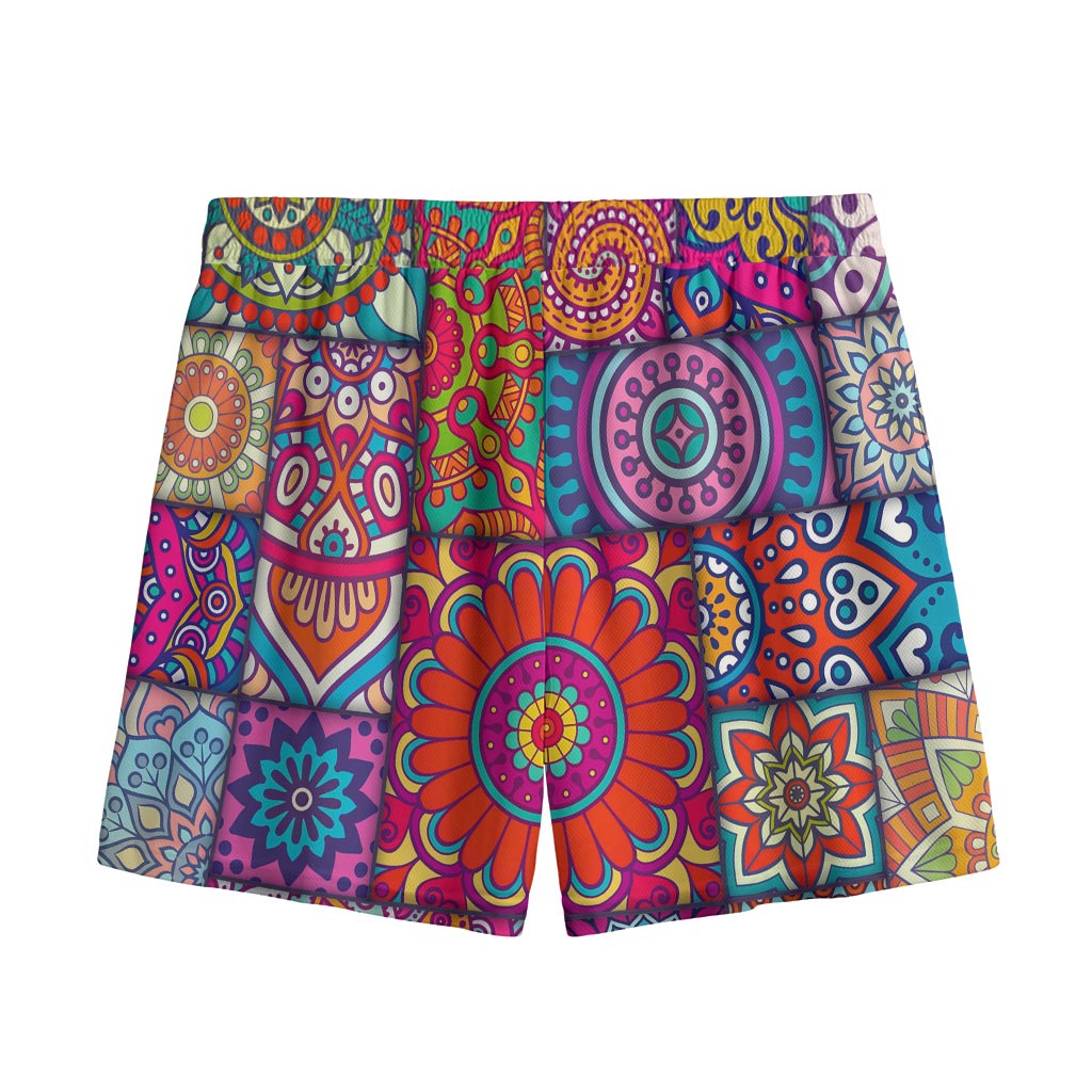 Square Bohemian Mandala Patchwork Print Mesh Shorts