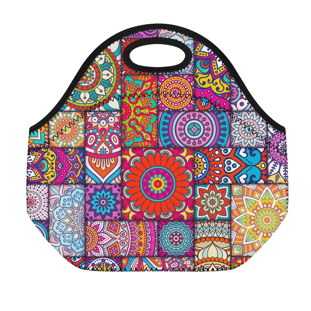 Square Bohemian Mandala Patchwork Print Neoprene Lunch Bag