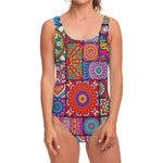 Square Bohemian Mandala Patchwork Print One Piece Swimsuit