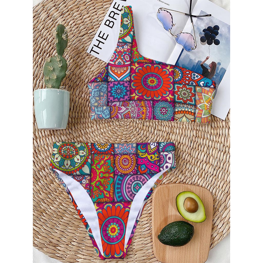 Square Bohemian Mandala Patchwork Print One Shoulder Bikini Top