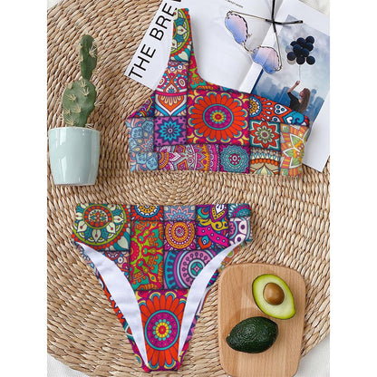 Square Bohemian Mandala Patchwork Print One Shoulder Bikini Top