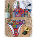 Square Bohemian Mandala Patchwork Print One Shoulder Bikini Top