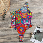 Square Bohemian Mandala Patchwork Print One Shoulder Bodysuit