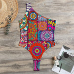 Square Bohemian Mandala Patchwork Print One Shoulder Bodysuit