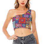 Square Bohemian Mandala Patchwork Print One Shoulder Crop Top