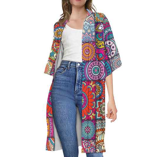 Square Bohemian Mandala Patchwork Print Open Front Beach Cover Up