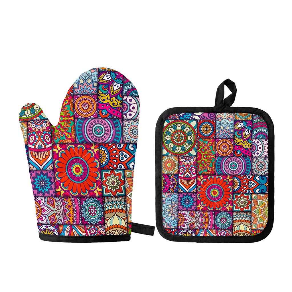 Square Bohemian Mandala Patchwork Print Oven Mitt And Pot Holder Set