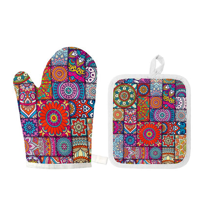 Square Bohemian Mandala Patchwork Print Oven Mitt And Pot Holder Set