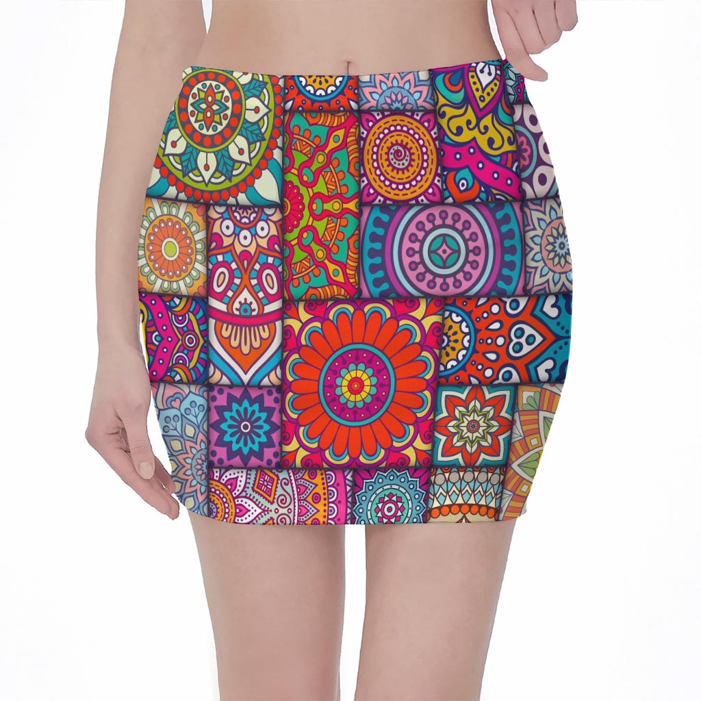 Square Bohemian Mandala Patchwork Print Pencil Mini Skirt