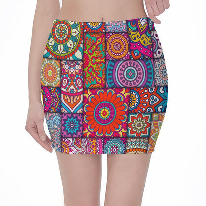 Square Bohemian Mandala Patchwork Print Pencil Mini Skirt