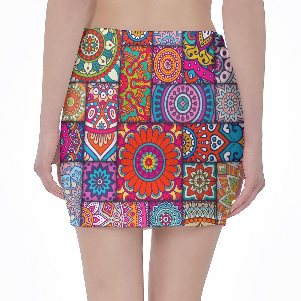 Square Bohemian Mandala Patchwork Print Pencil Mini Skirt