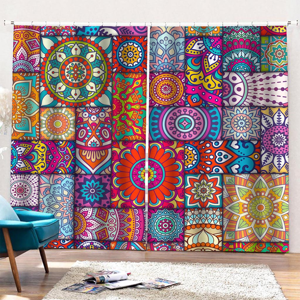 Square Bohemian Mandala Patchwork Print Pencil Pleat Curtains