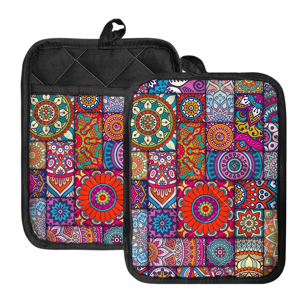 Square Bohemian Mandala Patchwork Print Pot Holders With Pocket