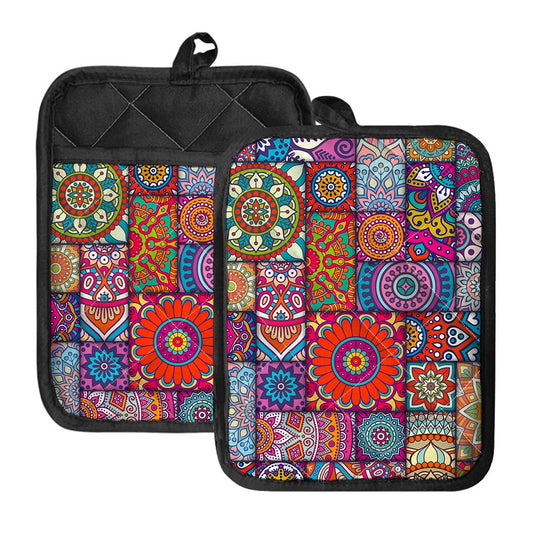 Square Bohemian Mandala Patchwork Print Pot Holders With Pocket