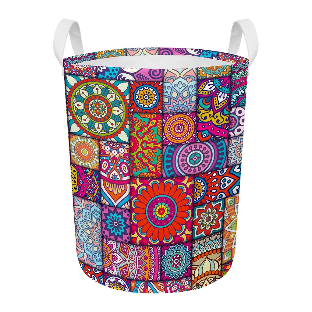 Square Bohemian Mandala Patchwork Print Round Laundry Basket