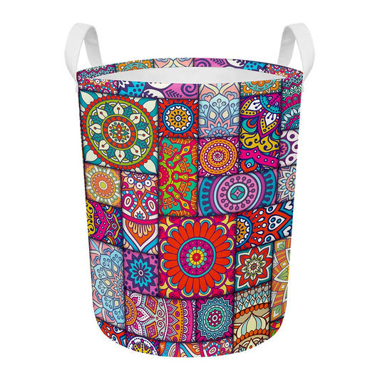 Square Bohemian Mandala Patchwork Print Round Laundry Basket