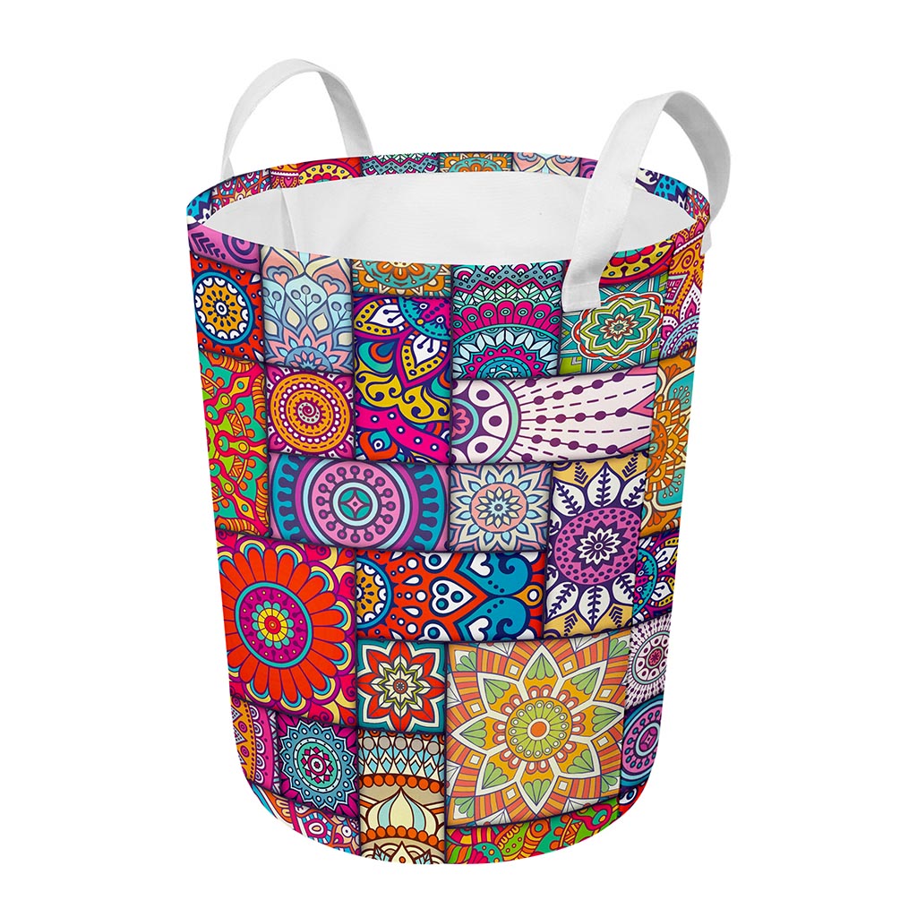 Square Bohemian Mandala Patchwork Print Round Laundry Basket
