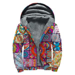 Square Bohemian Mandala Patchwork Print Sherpa Lined Zip Up Hoodie