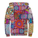 Square Bohemian Mandala Patchwork Print Sherpa Lined Zip Up Hoodie