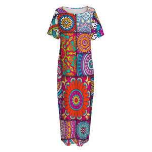 Square Bohemian Mandala Patchwork Print Short Sleeve Long Nightdress