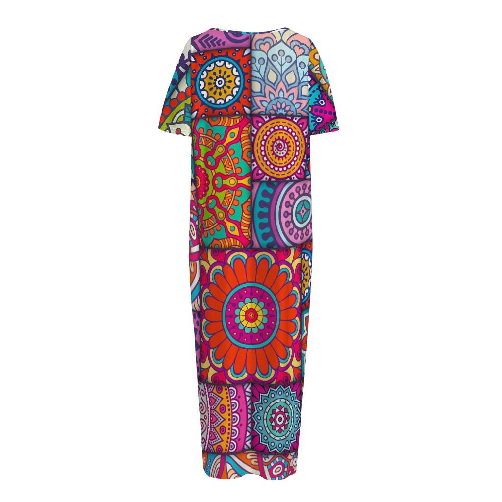 Square Bohemian Mandala Patchwork Print Short Sleeve Long Nightdress