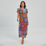 Square Bohemian Mandala Patchwork Print Short Sleeve Maxi Dress