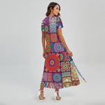 Square Bohemian Mandala Patchwork Print Short Sleeve Maxi Dress