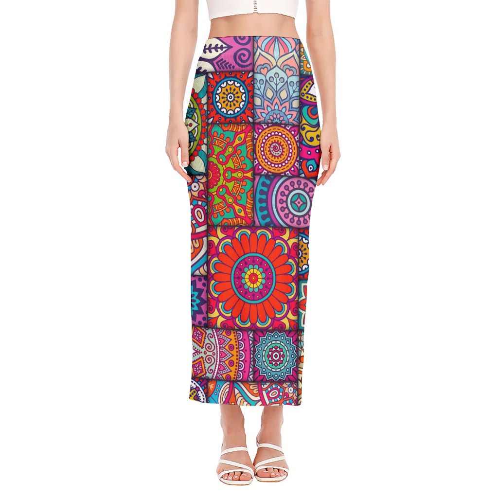 Square Bohemian Mandala Patchwork Print Side Slit Maxi Skirt