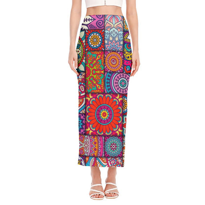 Square Bohemian Mandala Patchwork Print Side Slit Maxi Skirt