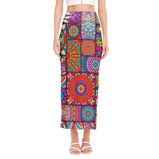 Square Bohemian Mandala Patchwork Print Side Slit Maxi Skirt