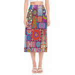 Square Bohemian Mandala Patchwork Print Side Slit Midi Skirt