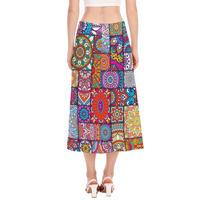Square Bohemian Mandala Patchwork Print Side Slit Midi Skirt