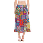 Square Bohemian Mandala Patchwork Print Side Slit Midi Skirt