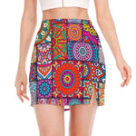 Square Bohemian Mandala Patchwork Print Side Slit Mini Skirt
