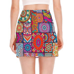 Square Bohemian Mandala Patchwork Print Side Slit Mini Skirt