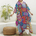 Square Bohemian Mandala Patchwork Print Silk V-Neck Kaftan Dress