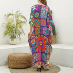 Square Bohemian Mandala Patchwork Print Silk V-Neck Kaftan Dress