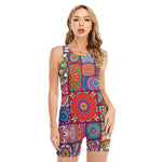 Square Bohemian Mandala Patchwork Print Sleeveless One Piece Swimsuit
