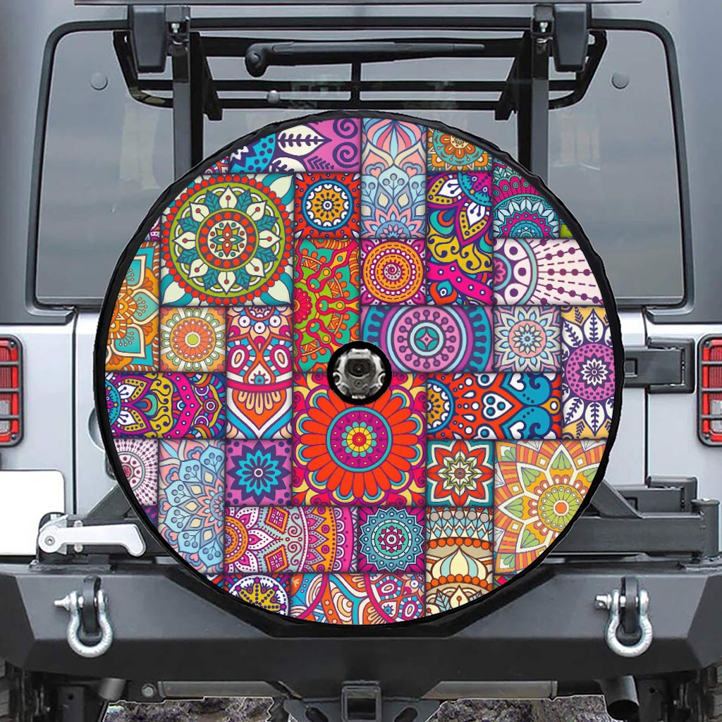 Square Bohemian Mandala Patchwork Print Tire Cover With Camera Hole